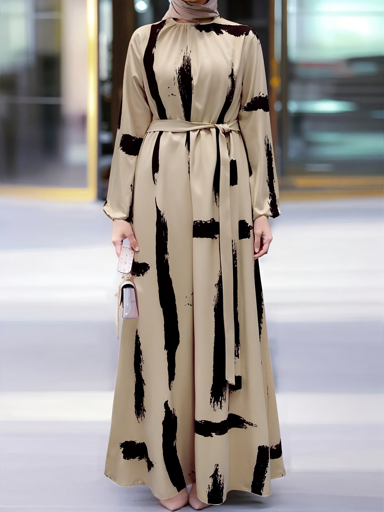 Women's Middle Eastern Ramadan Dress - Elegant Beige & black Islamic Formal attire with Tie Waist Belt, Long Sleeve Non-Stretch Dress for Ramadan, Weddings, Cultural Events - Machine Washable Modest Outfit, Muslim Dress, Reli