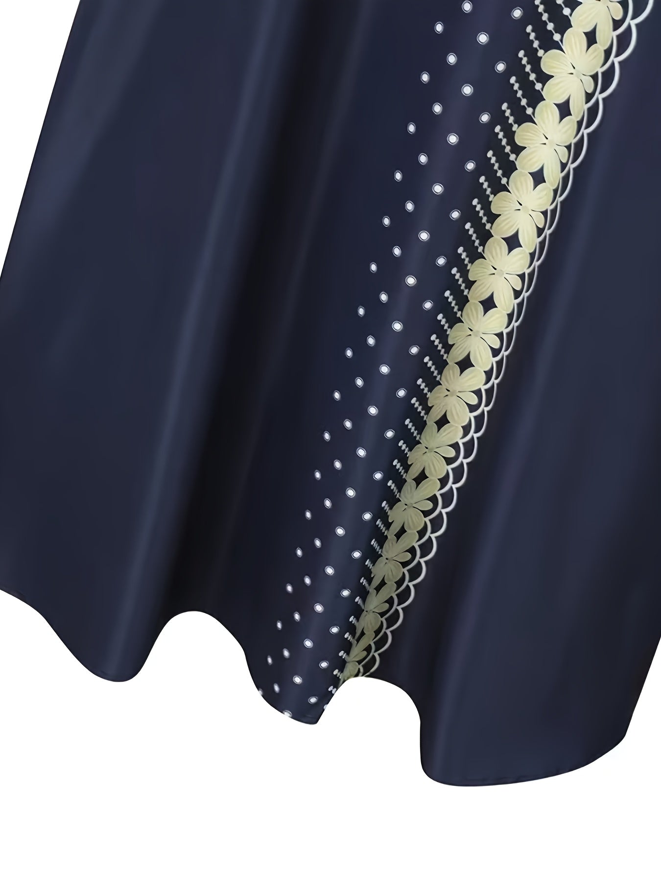 Elegant Women'S Digital Print Kaftan Dress - Navy Blue with Golden Accents, Long Sleeve, Loose Fit, Round Neck, All-Season Wear, Cultural Attire|Elegant Long Dress|Digital Print Dress