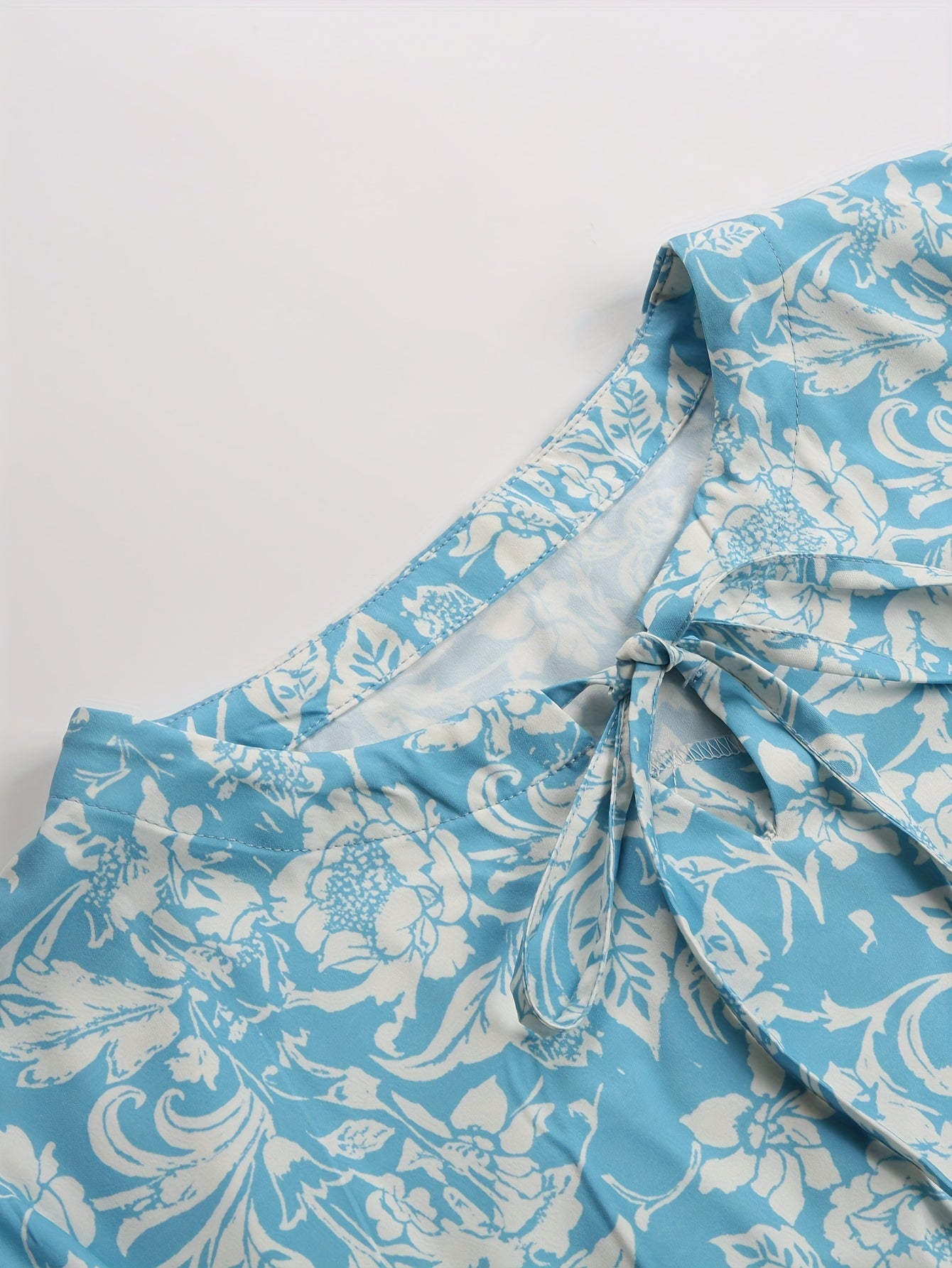 Floral Print Long Dress with Round Neck and Tie Detail - Woven Polyester, Adult Fit, All-Season Straight Dress