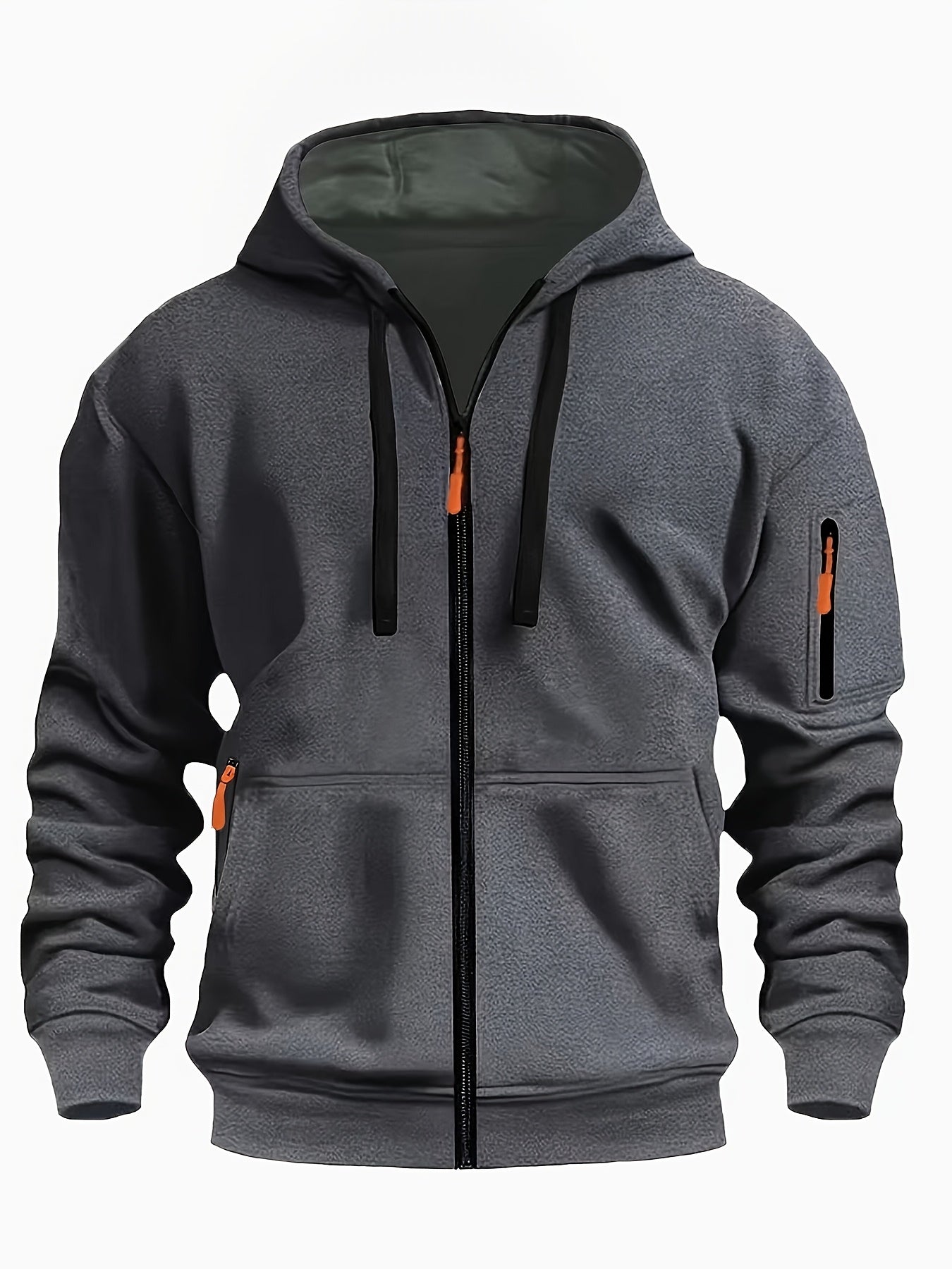 Men's Sporty Zip-Up Hoodie Jacket - Vibrant Orange with Black Zipper Accents, Polyester-Lined Comfort, Machine Washable Regular Fit for Autumn Winter Casual Outdoor Wear, Autumn Apparel