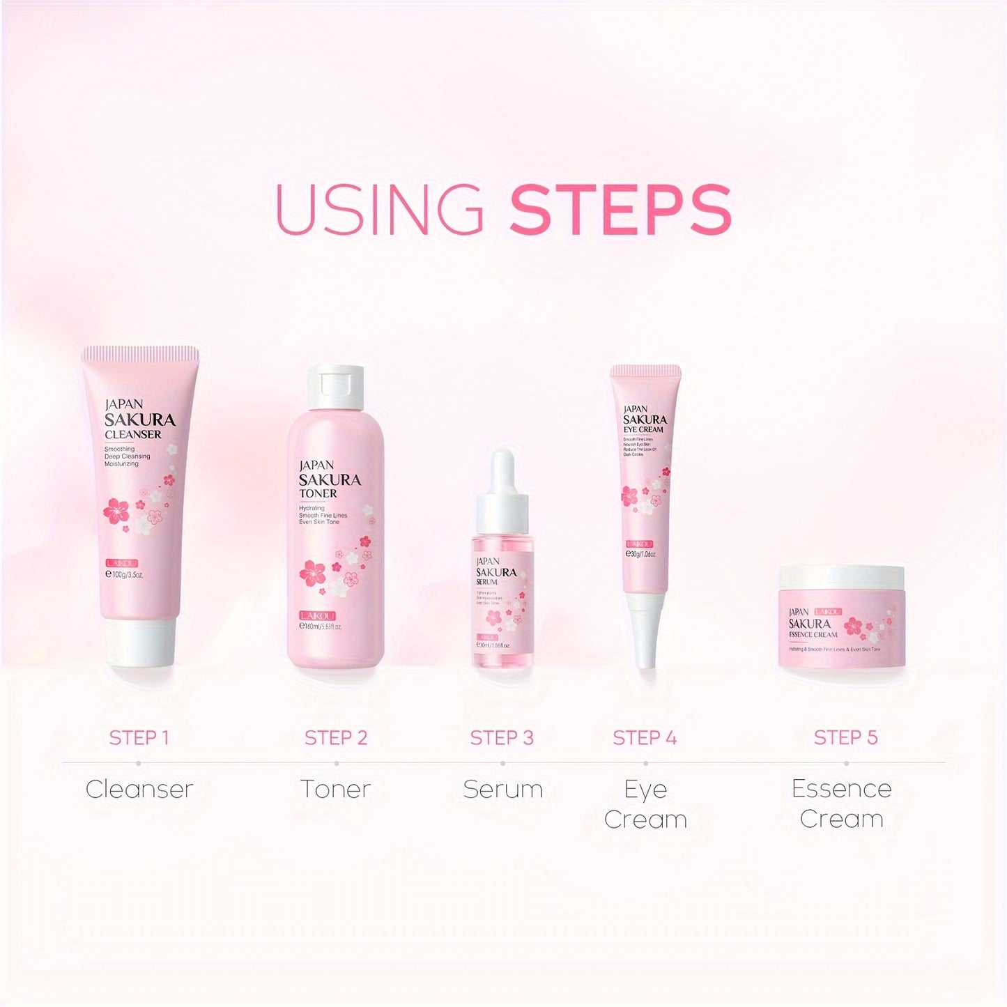 【7pcs Skin Care Set: Toner 5.41oz; Essence 1.01oz; Facial Cleanser 100g; Face Cream 50g; Eye Cream 30g; Hairband; Cleansing Sponge】LAIKOU JAPAN SAKURA SKINCARE SET With Hairband And Cleansing Sponge