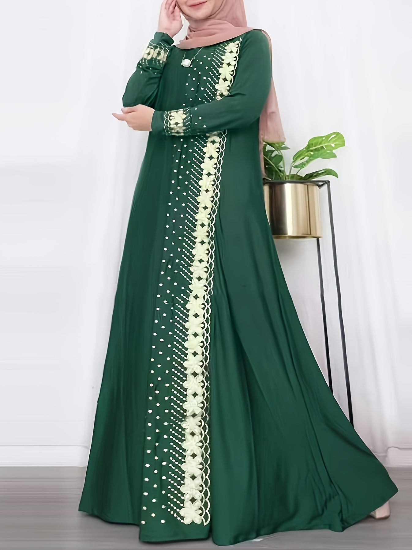 Elegant Women'S Digital Print Kaftan Dress - Navy Blue with Golden Accents, Long Sleeve, Loose Fit, Round Neck, All-Season Wear, Cultural Attire|Elegant Long Dress|Digital Print Dress