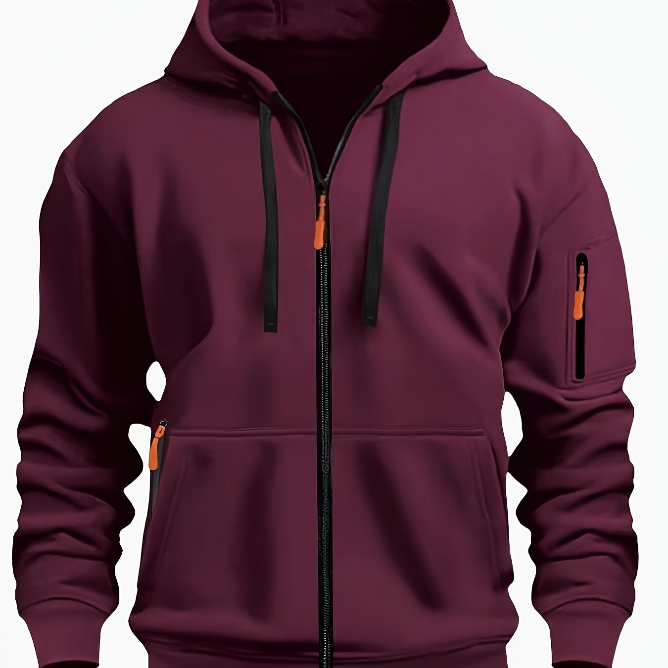 Men's Sporty Zip-Up Hoodie Jacket - Vibrant Orange with Black Zipper Accents, Polyester-Lined Comfort, Machine Washable Regular Fit for Autumn Winter Casual Outdoor Wear, Autumn Apparel