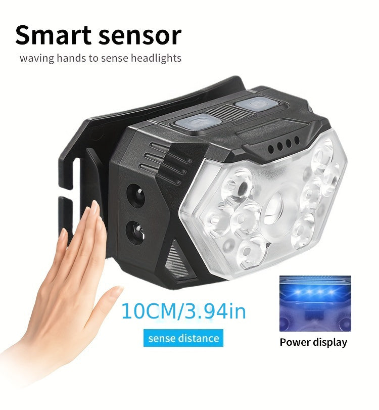 2pcs Super Bright 11000LUMEN Rechargeable Headlamp, Motion Sensor with 6 Lighting Modes for Outdoor Fishing & Camping, 9LED, White Red Light Flashlights