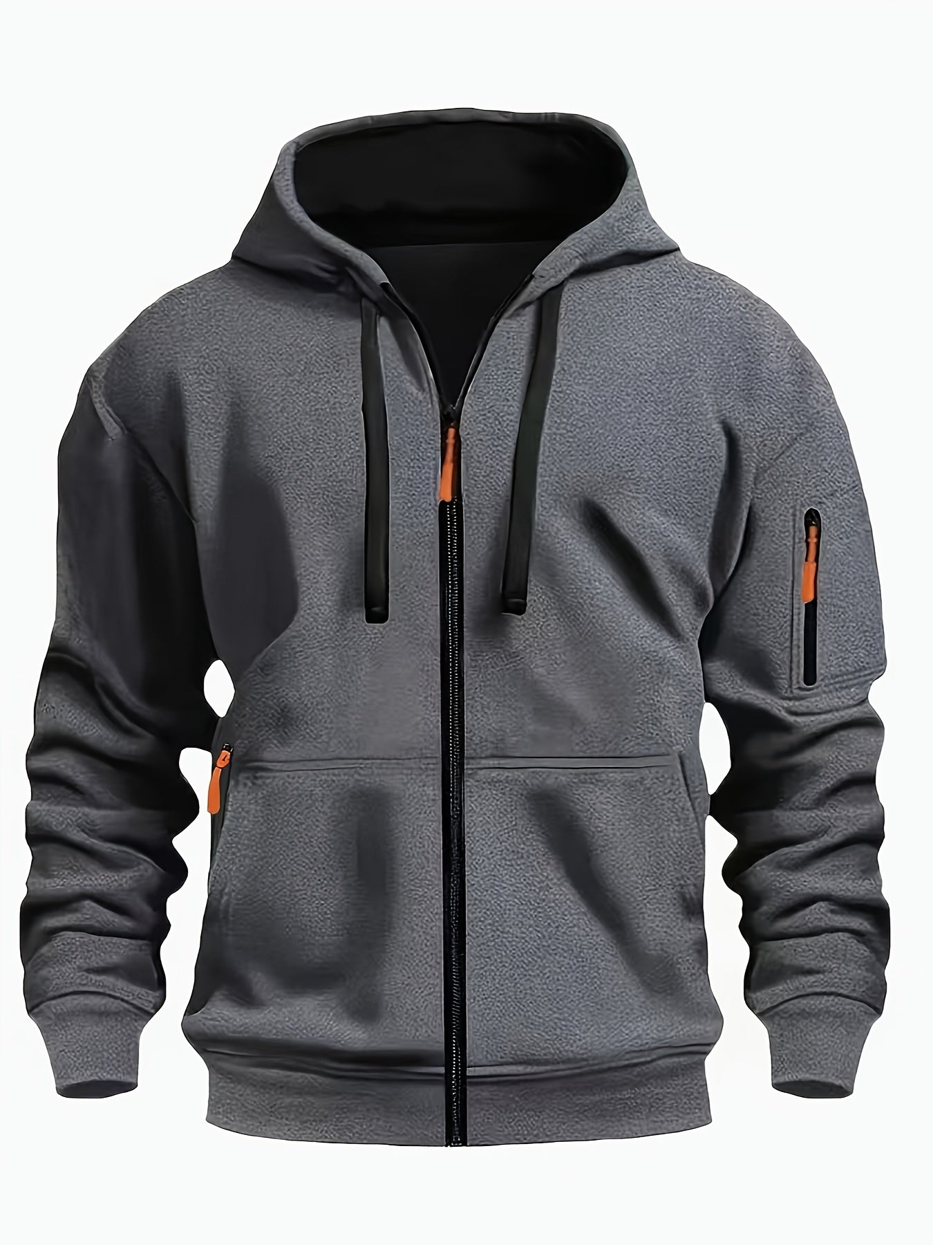 Men's Sporty Zip-Up Hoodie Jacket - Vibrant Orange with Black Zipper Accents, Polyester-Lined Comfort, Machine Washable Regular Fit for Autumn Winter Casual Outdoor Wear, Autumn Apparel