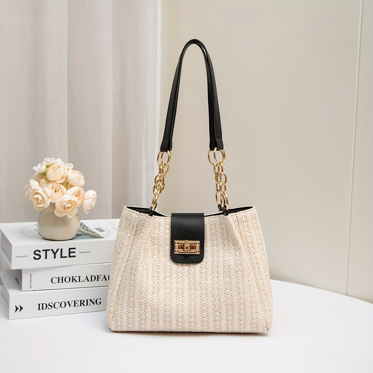 Women'S 2025 New Year Handwoven Straw Tote Bag - Black Accents, Honeycomb Pattern, Adjustable Shoulder Strap, Kiss Lock Closure, Machine Washable, Beach & Casual Style, Casual Tote Bag|Honeycomb Pattern Bag|Durable Handle Bag