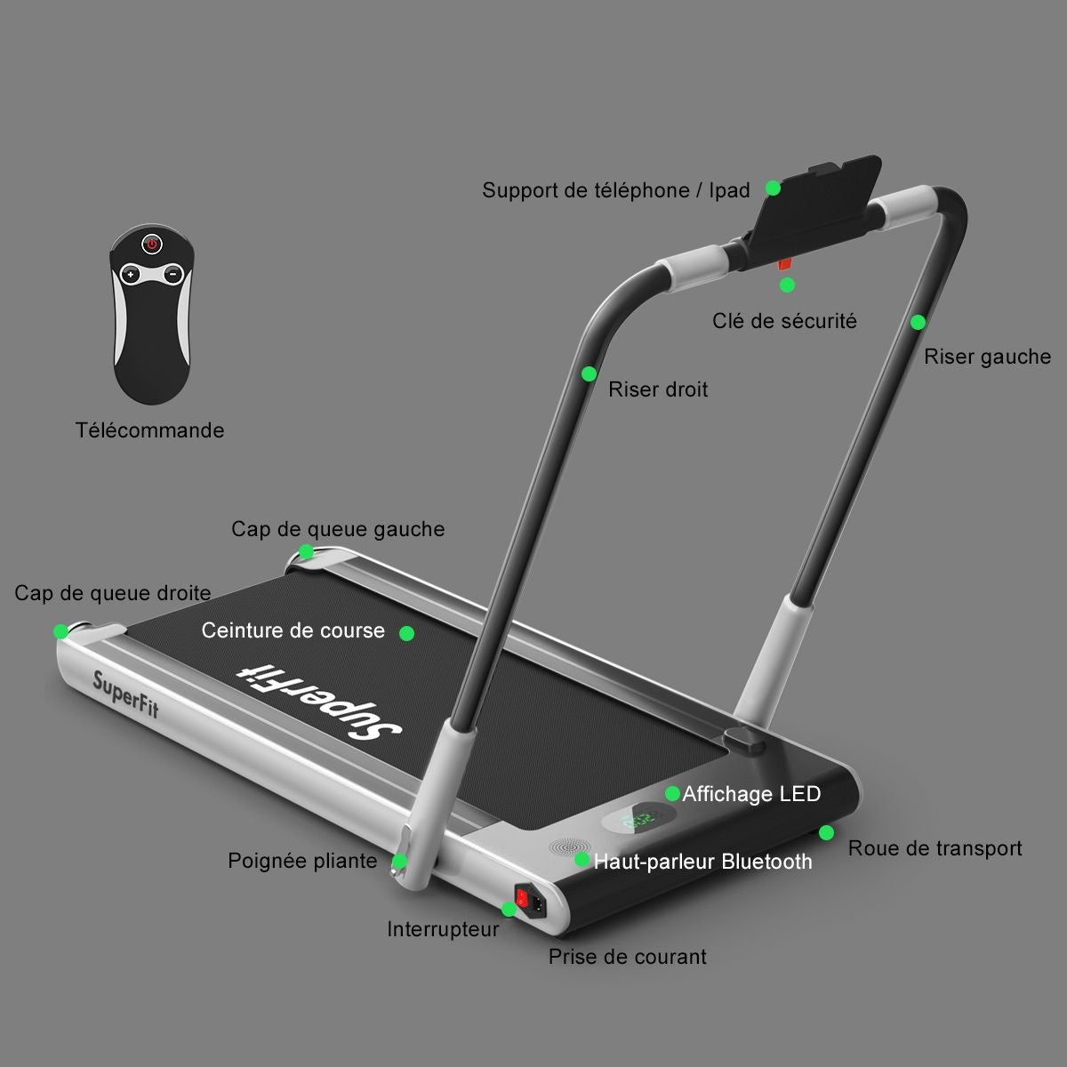 2 En 1 Tapis De Course Electrique Pliable 1 À 12 Km/H Avec Haut-Parleur Bluetooth Télécommande Moteur 1,67KW Noir Et Argenté