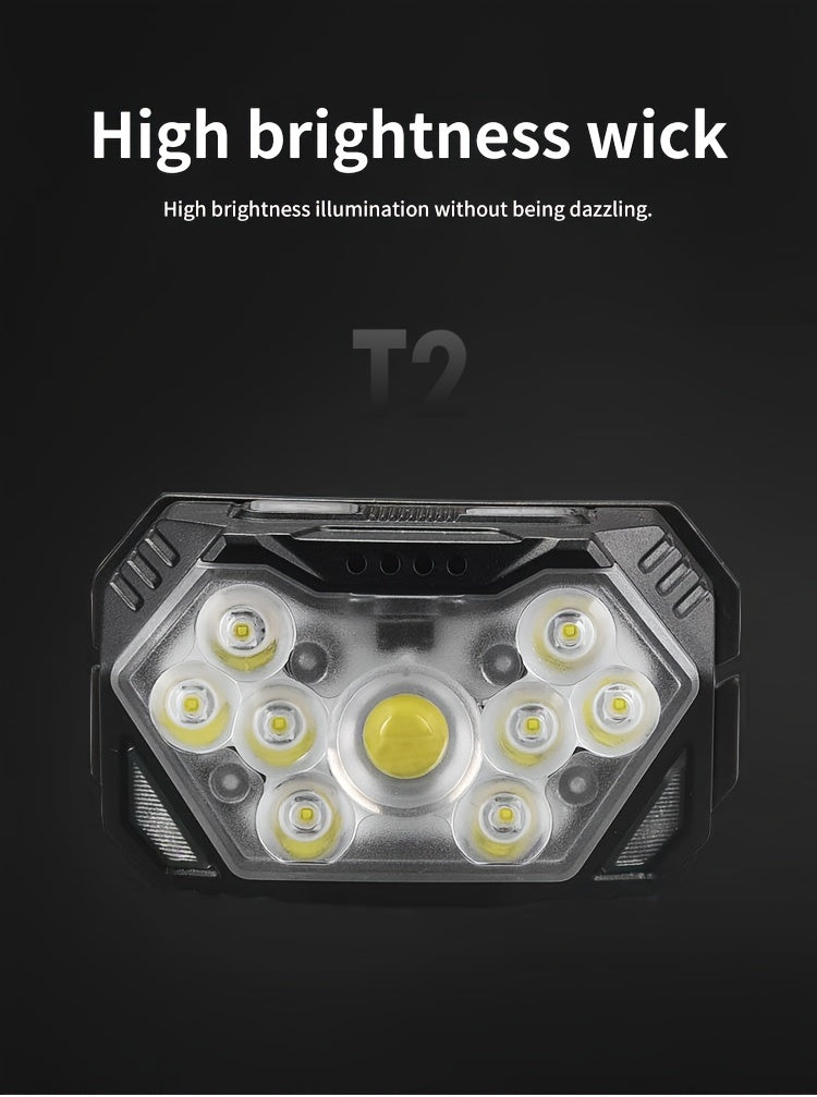 2pcs Super Bright 11000LUMEN Rechargeable Headlamp, Motion Sensor with 6 Lighting Modes for Outdoor Fishing & Camping, 9LED, White Red Light Flashlights