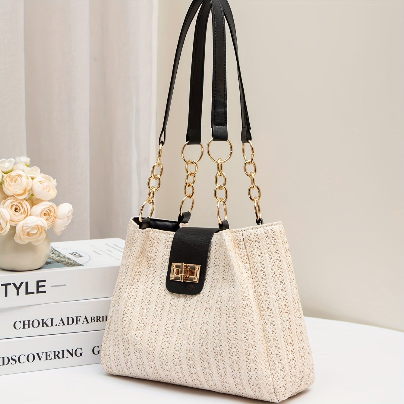 Women'S 2025 New Year Handwoven Straw Tote Bag - Black Accents, Honeycomb Pattern, Adjustable Shoulder Strap, Kiss Lock Closure, Machine Washable, Beach & Casual Style, Casual Tote Bag|Honeycomb Pattern Bag|Durable Handle Bag