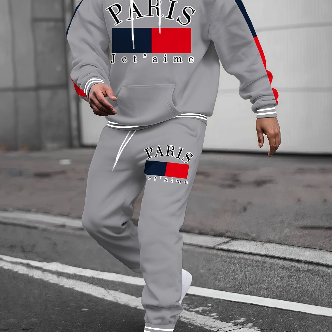 Grey full body printed pullover hoodie+casual pants for men and women couple set with letter and color stripe design digital printing long sleeved hooded sweatshirt casual pants Men's set 2pcs factory direct sales