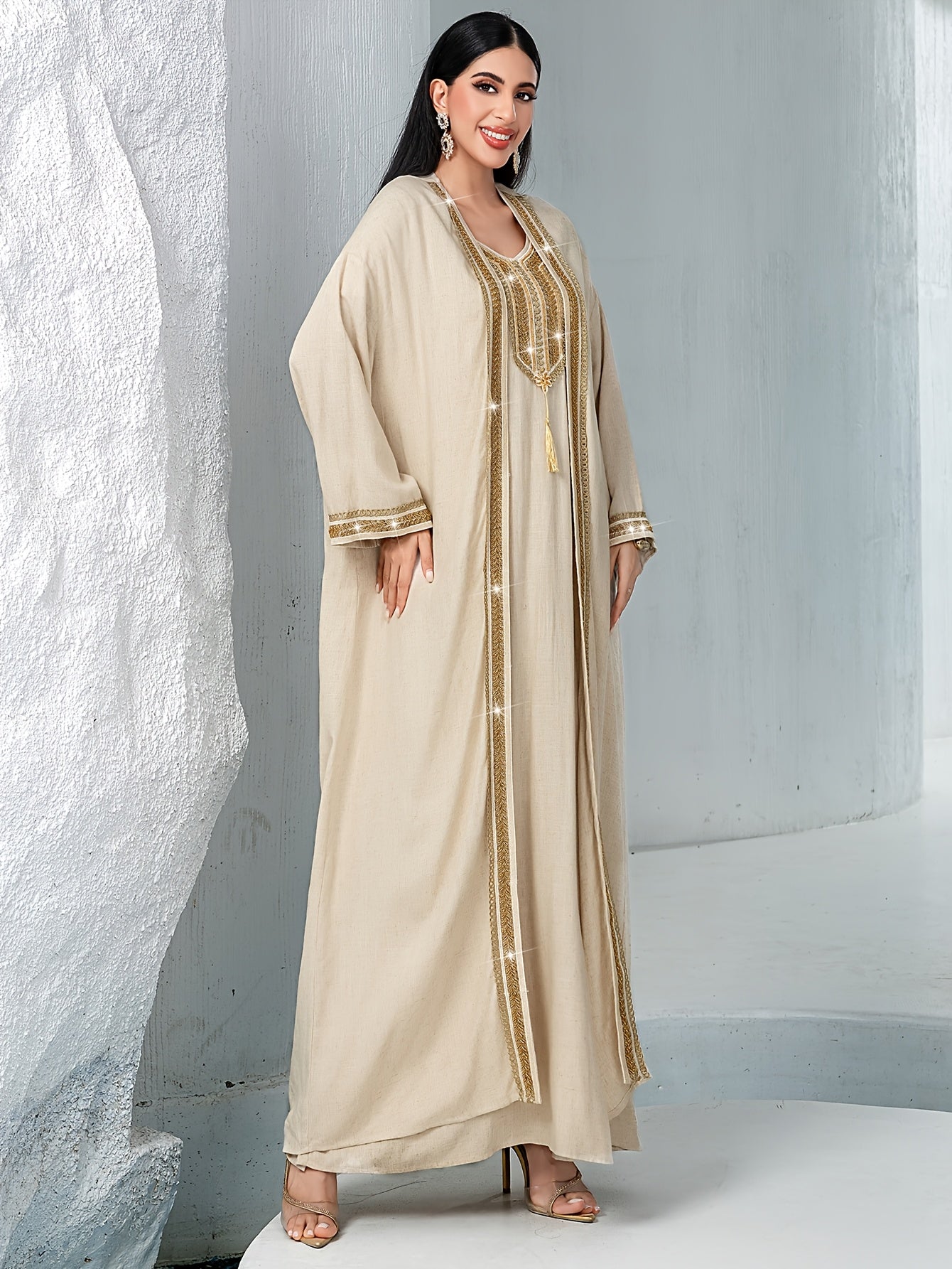 2pcs Traditional Style Beige Hand-Embroidered Rhinestone with Woven Belt, Polyester Long Dress Set, Solid Color, Non-Stretch Fabric, Long Sleeve, Regular Fit, All-Season