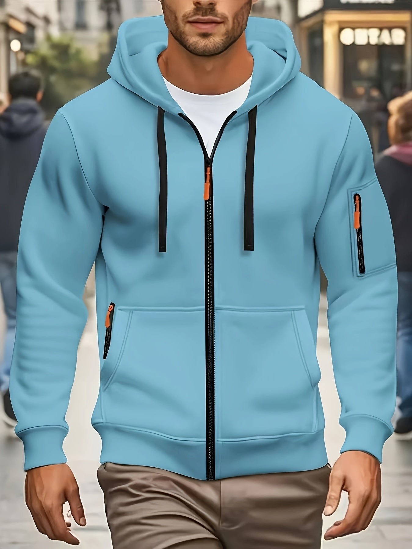 Men's Sporty Zip-Up Hoodie Jacket - Vibrant Orange with Black Zipper Accents, Polyester-Lined Comfort, Machine Washable Regular Fit for Autumn Winter Casual Outdoor Wear, Autumn Apparel