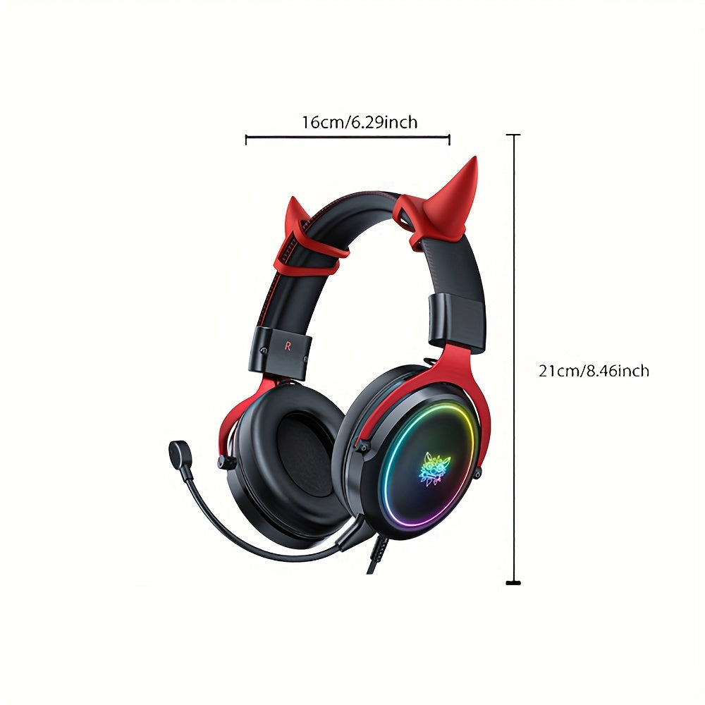 ONIKUMA Gaming Headset with Detachable Little Demon Horns, RGB Lighting, HD Microphone for PC Gaming - Volume Control, 3.5mm Jack