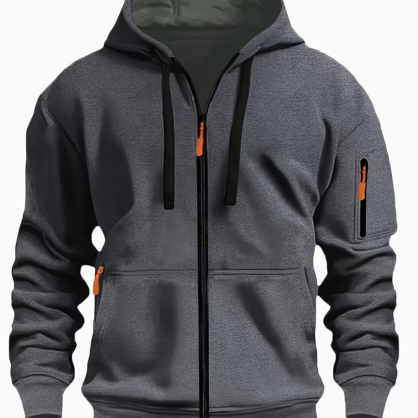 Men's Sporty Zip-Up Hoodie Jacket - Vibrant Orange with Black Zipper Accents, Polyester-Lined Comfort, Machine Washable Regular Fit for Autumn Winter Casual Outdoor Wear, Autumn Apparel