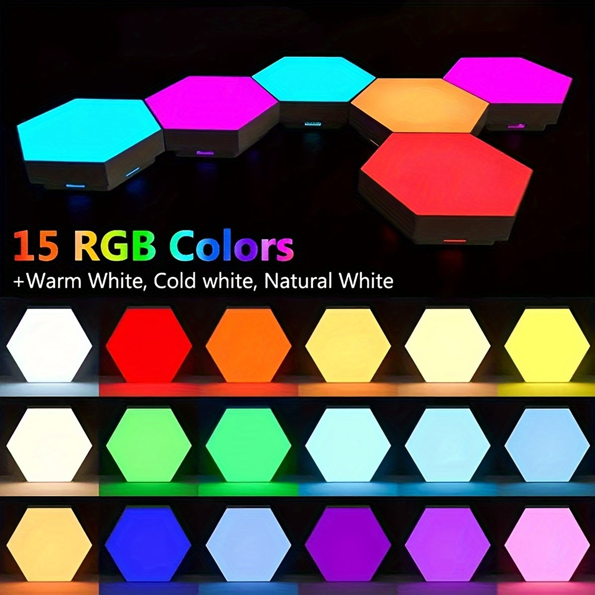 AmbiSync HexaGlow 10pc LED Wall Lights: USB-Powered, 16 Colors, App & Music Control, Remote, Modern Decor Lighting
