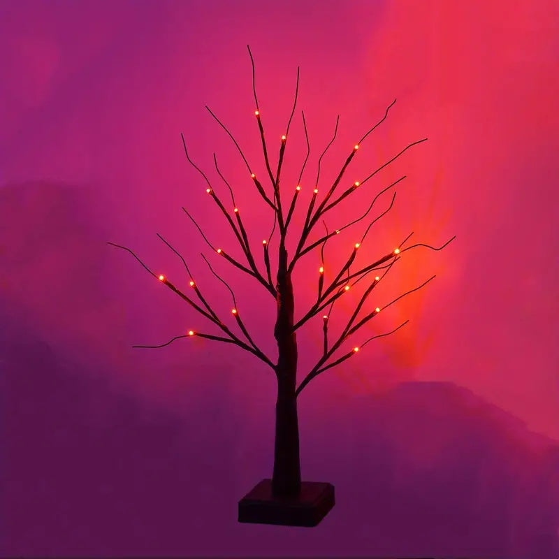 1pc 2FT Orange And Purple Lighting Halloween Decorative Tree Lights With Timer 24 LED Branch Tree Lights In Total, USB And Battery Powered, Artificial Black Desktop Ghost Tree Lights, Indoor Home Party Decoration