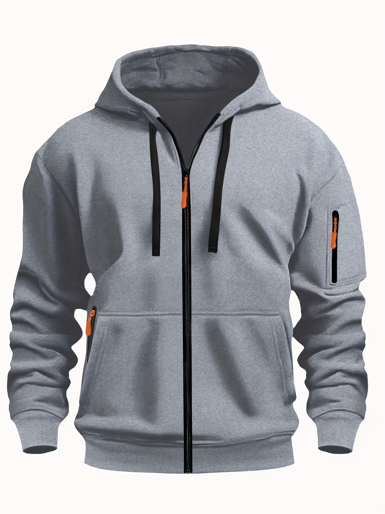 Men's Sporty Zip-Up Hoodie Jacket - Vibrant Orange with Black Zipper Accents, Polyester-Lined Comfort, Machine Washable Regular Fit for Autumn Winter Casual Outdoor Wear, Autumn Apparel