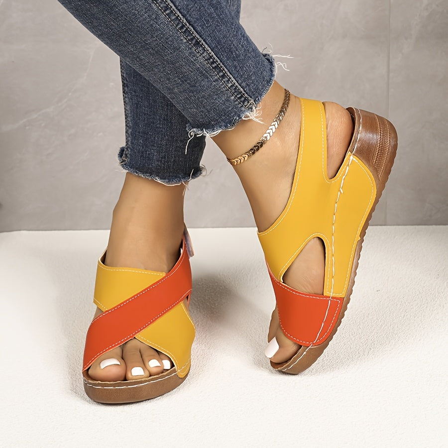 Women'S Color-Block Wedge Sandals - Open-Toe Summer Beach Shoes with Adjustable Hook-and-Loop Straps, Comfortable PU Upper & Cushioned Insole for Outdoor Wear, Strappy Sandals, Beach Footwear, Stylish Wedge Design, Durable Tr
