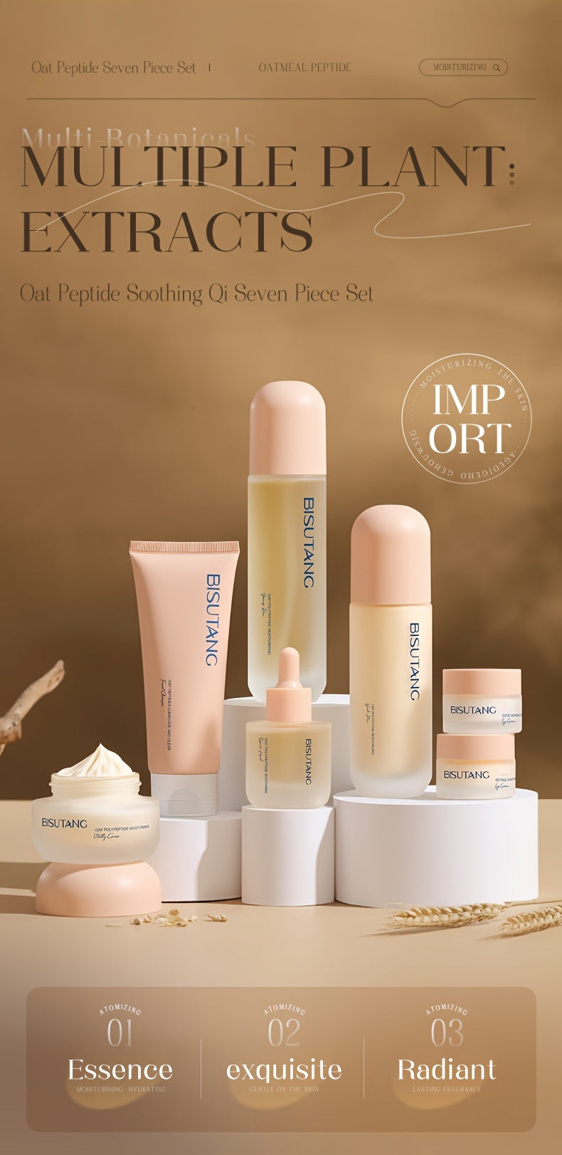 Bisutang Oat Peptide Vitality 7-Piece Skincare Set - Hypoallergenic Face Care Kit with Cleanser, Toner, Serum, Cream, Eye Cream: Nourishing Plant Squalane, Ideal Gift for Women for Mother's Day, Valentine's Day