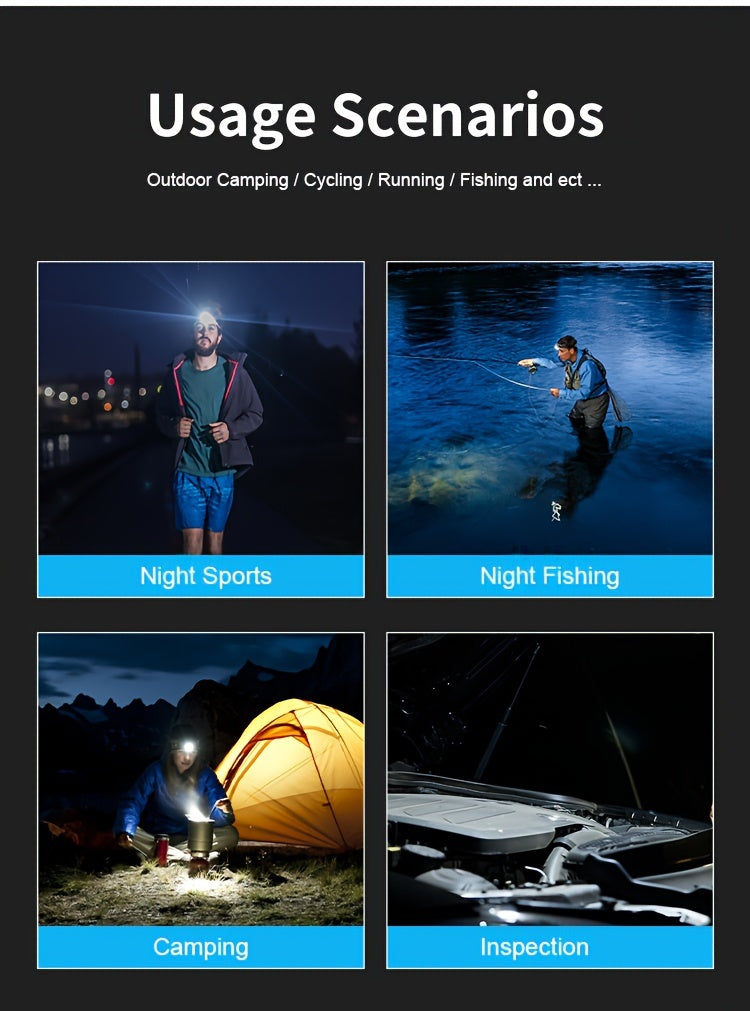 2pcs Super Bright 11000LUMEN Rechargeable Headlamp, Motion Sensor with 6 Lighting Modes for Outdoor Fishing & Camping, 9LED, White Red Light Flashlights