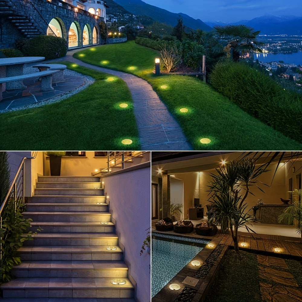 8 Pack LED Ground Spot Solar Lights, Outdoor Waterproof Landscape Lights, Solar Disk Lights, Waterproof Garden In-Ground Pathway Lights Landscape Lawn Lighting, Solar Energy Floor Lamp, 8 LED Solar Ground Lights, For Pathway