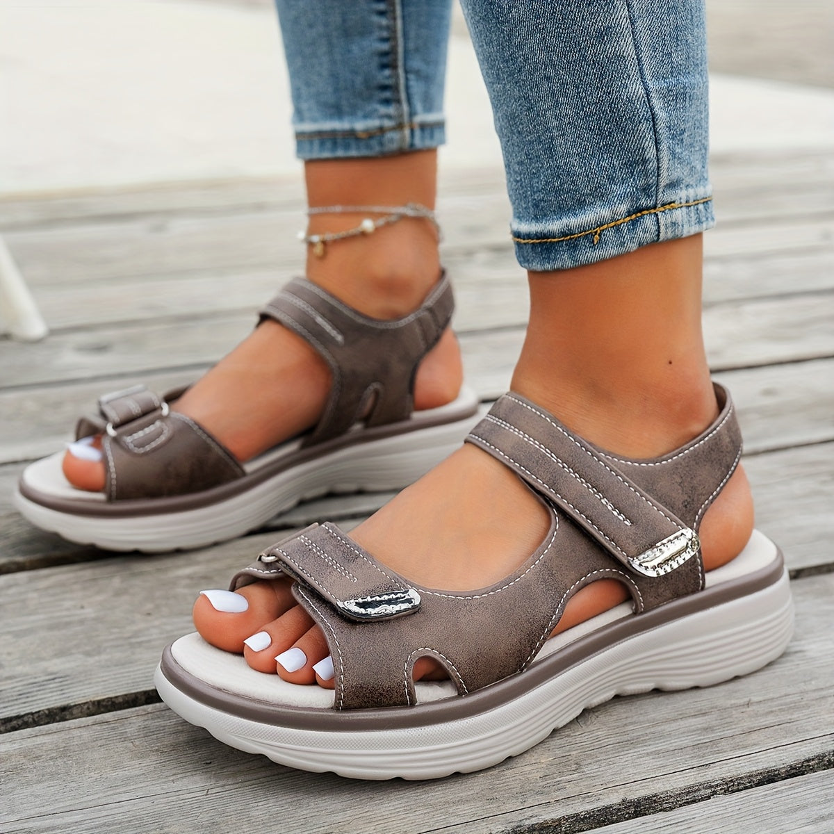 Women's Elegant Mary Jane Sandals - Adjustable Hook-and-Loop Ankle Strap, Breathable PU Cover Upper & Cushioned Insole, Comfortable Wedge Heel for Summer Beach, Casual & Outdoor Wear - Solid Color Design, Summer Beach Footwea