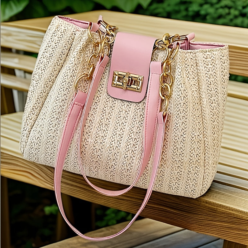 Women'S 2025 New Year Handwoven Straw Tote Bag - Black Accents, Honeycomb Pattern, Adjustable Shoulder Strap, Kiss Lock Closure, Machine Washable, Beach & Casual Style, Casual Tote Bag|Honeycomb Pattern Bag|Durable Handle Bag