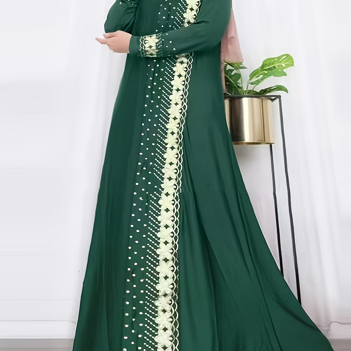 Elegant Women'S Digital Print Kaftan Dress - Navy Blue with Golden Accents, Long Sleeve, Loose Fit, Round Neck, All-Season Wear, Cultural Attire|Elegant Long Dress|Digital Print Dress
