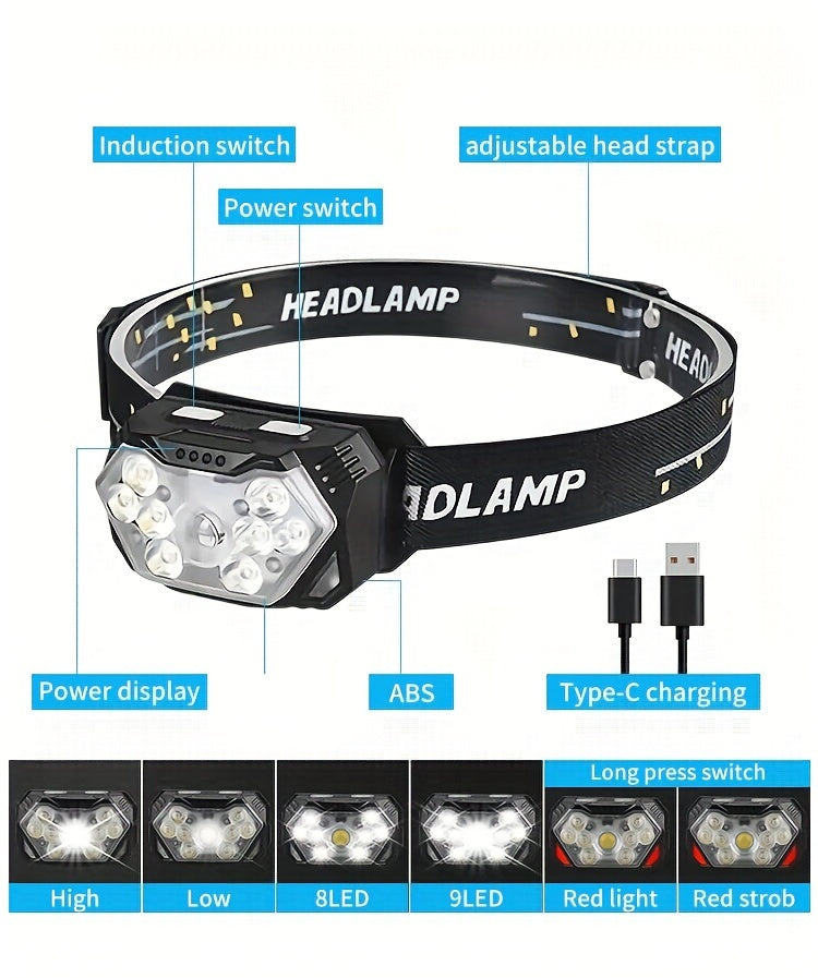 2pcs Super Bright 11000LUMEN Rechargeable Headlamp, Motion Sensor with 6 Lighting Modes for Outdoor Fishing & Camping, 9LED, White Red Light Flashlights