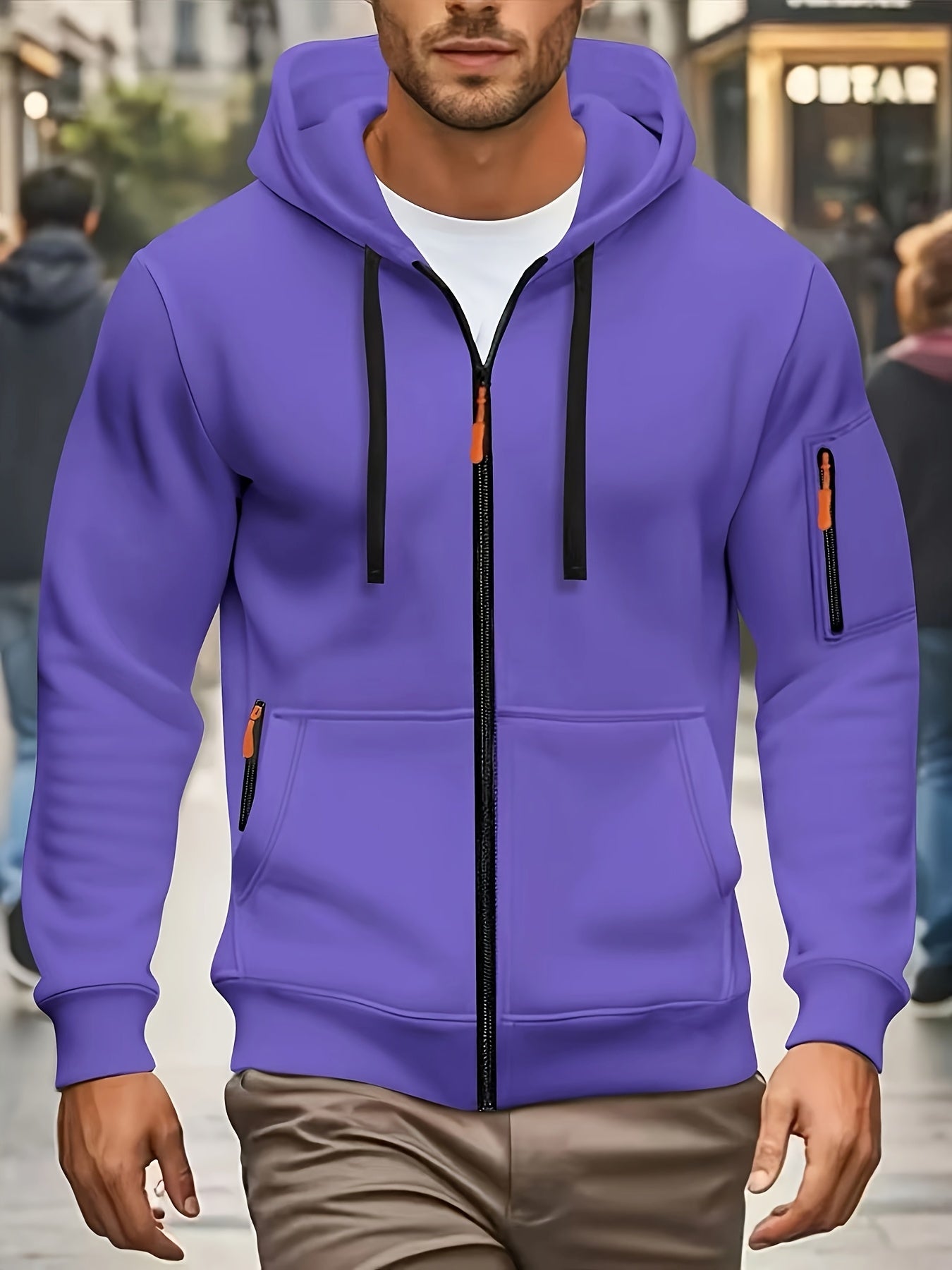 Men's Sporty Zip-Up Hoodie Jacket - Vibrant Orange with Black Zipper Accents, Polyester-Lined Comfort, Machine Washable Regular Fit for Autumn Winter Casual Outdoor Wear, Autumn Apparel