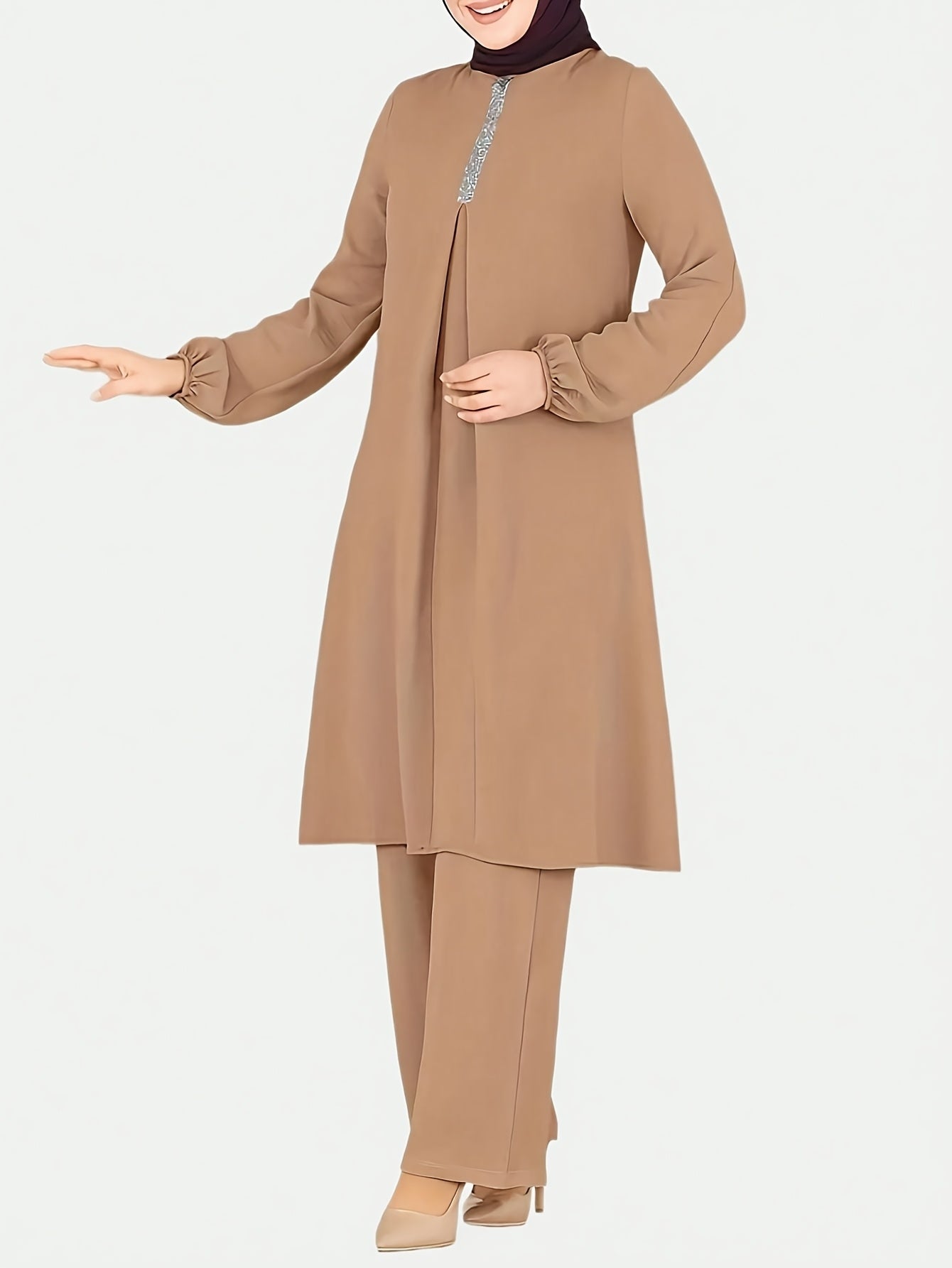 Two-Piece Set for Women Featuring a Simple Round Neck Shirt And Loose Long Pants (Headscarf Not Included).