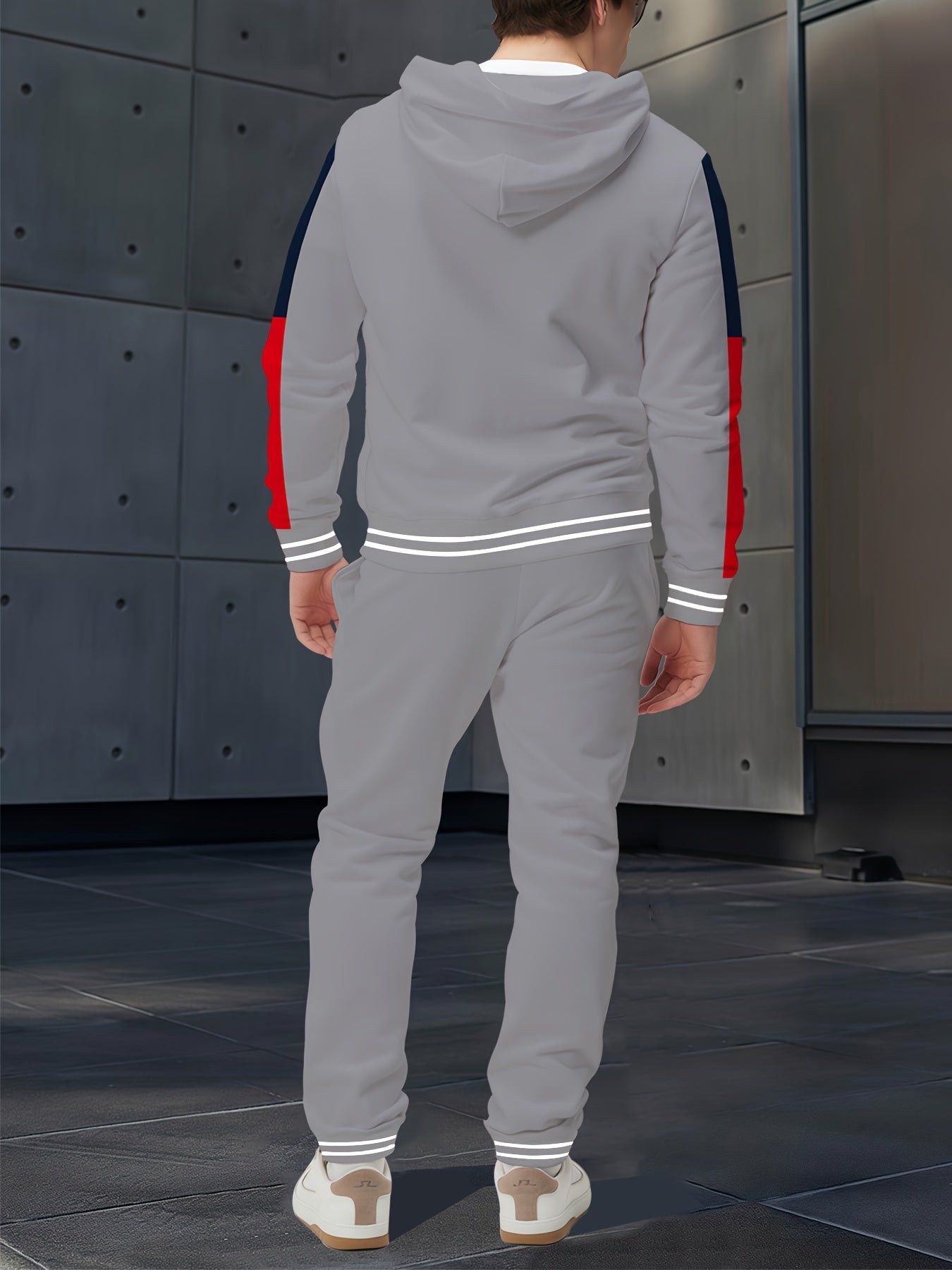 Grey full body printed pullover hoodie+casual pants for men and women couple set with letter and color stripe design digital printing long sleeved hooded sweatshirt casual pants Men's set 2pcs factory direct sales