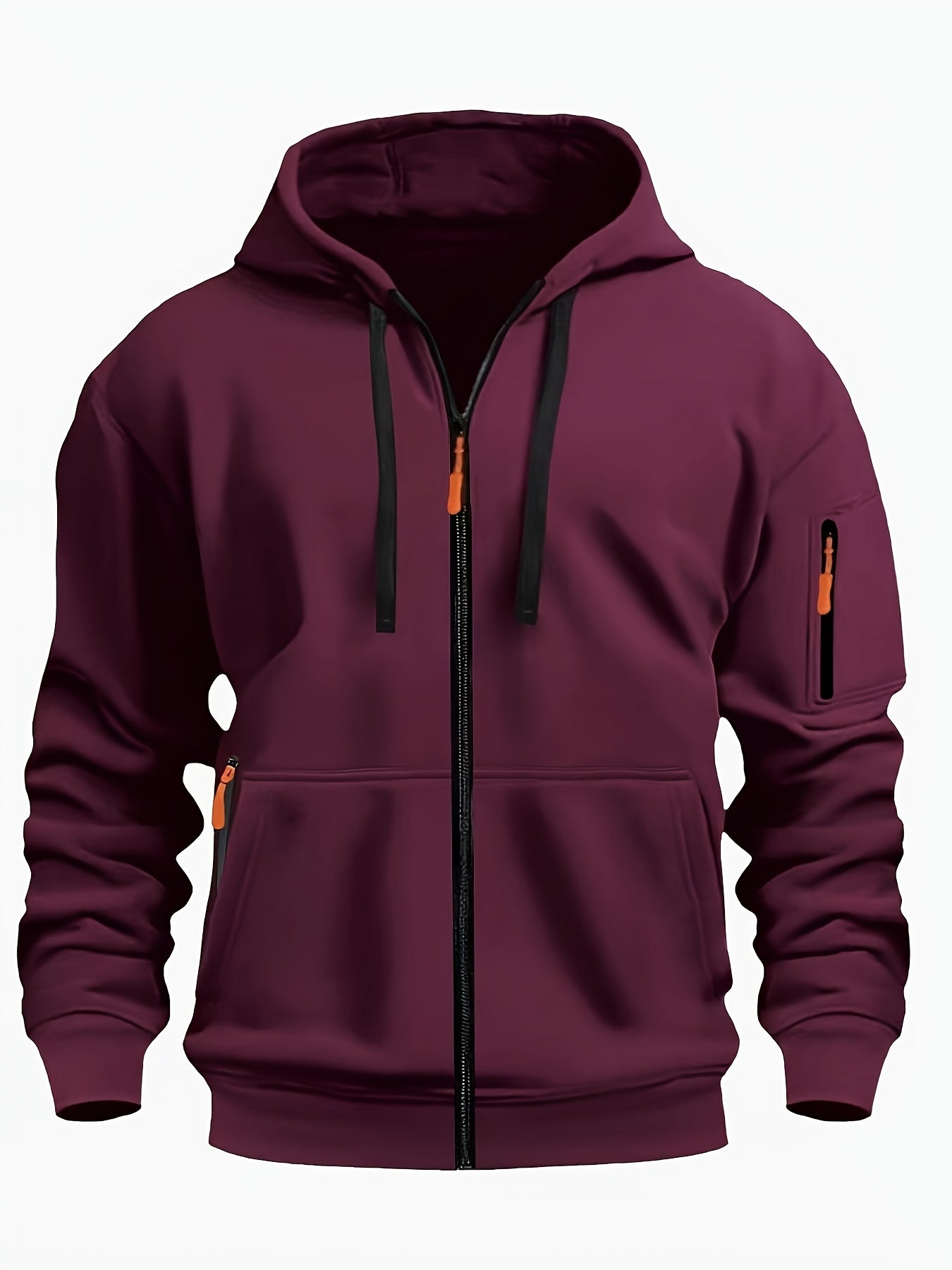 Men's Sporty Zip-Up Hoodie Jacket - Vibrant Orange with Black Zipper Accents, Polyester-Lined Comfort, Machine Washable Regular Fit for Autumn Winter Casual Outdoor Wear, Autumn Apparel