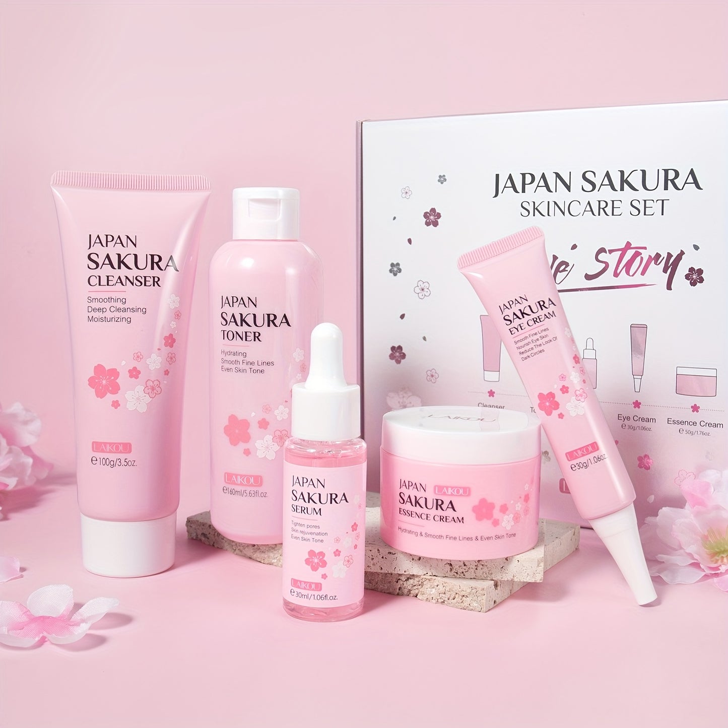 【7pcs Skin Care Set: Toner 5.41oz; Essence 1.01oz; Facial Cleanser 100g; Face Cream 50g; Eye Cream 30g; Hairband; Cleansing Sponge】LAIKOU JAPAN SAKURA SKINCARE SET With Hairband And Cleansing Sponge