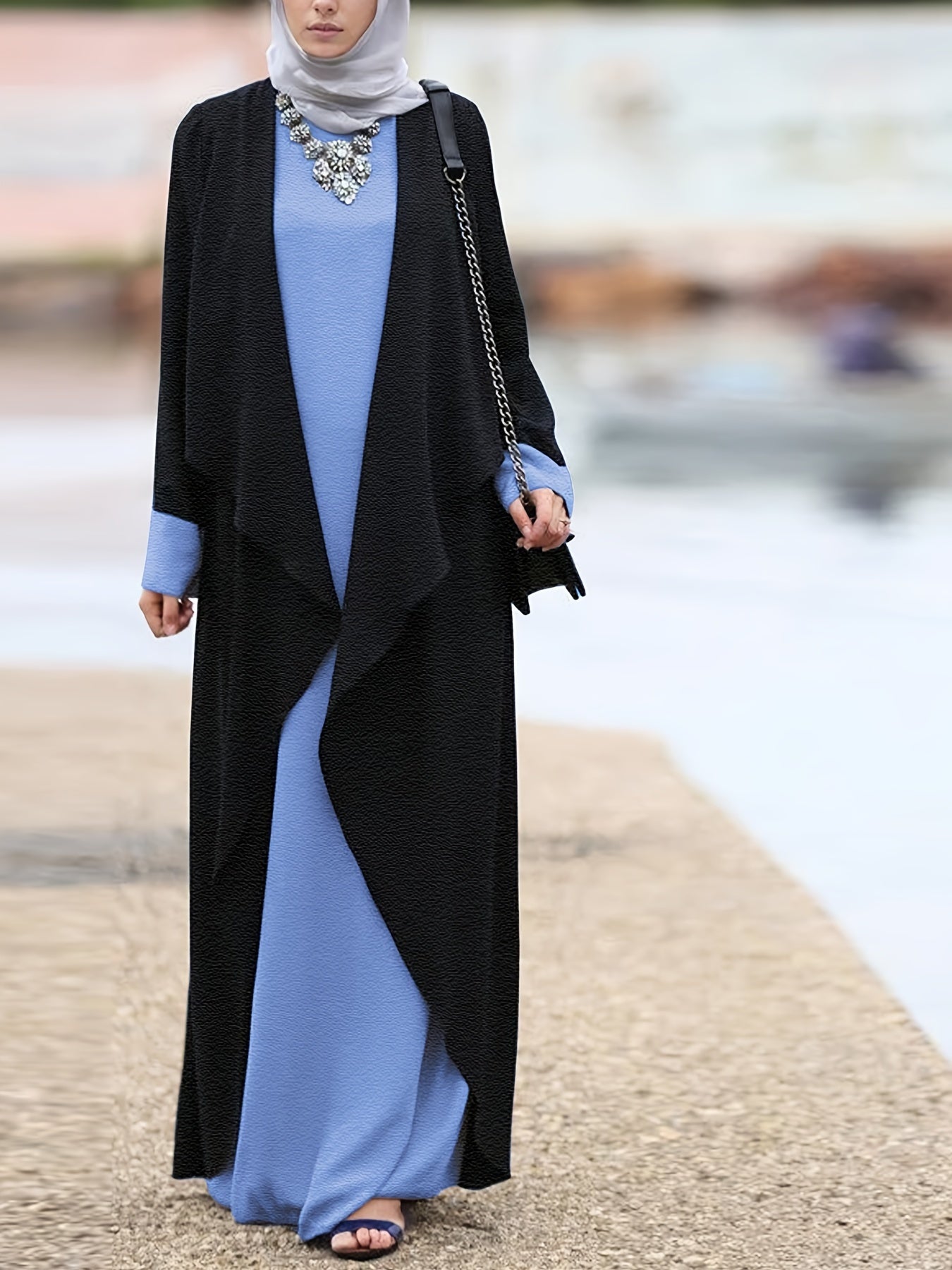 Women's Middle Eastern Muslim Solid Color Long Dress + Robe Jacket Two-Piece Set