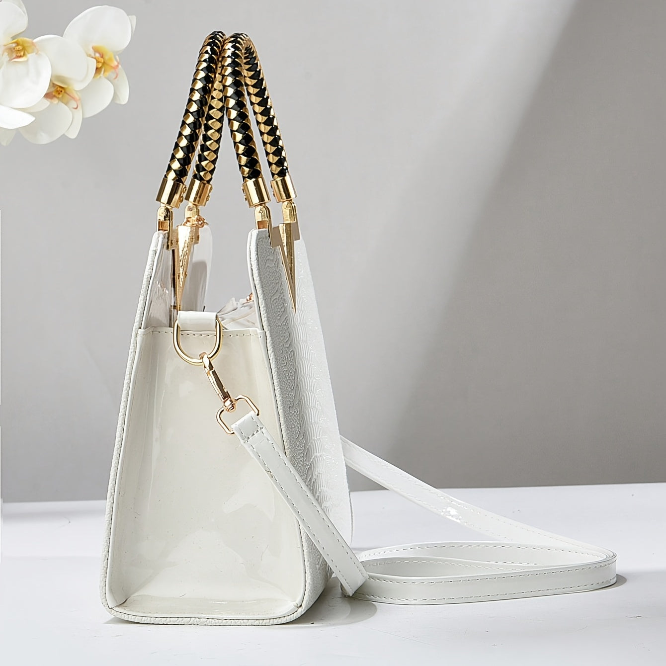 Elegant Crocodile Pattern Handbag for Women - Versatile Large Capacity Shoulder & Handbag, Glossy White Finish with Golden Accents, Perfect for Work, Date Night, Or Casual Outings, Commuter Handbag | Vneck Tote | Zipper Closu