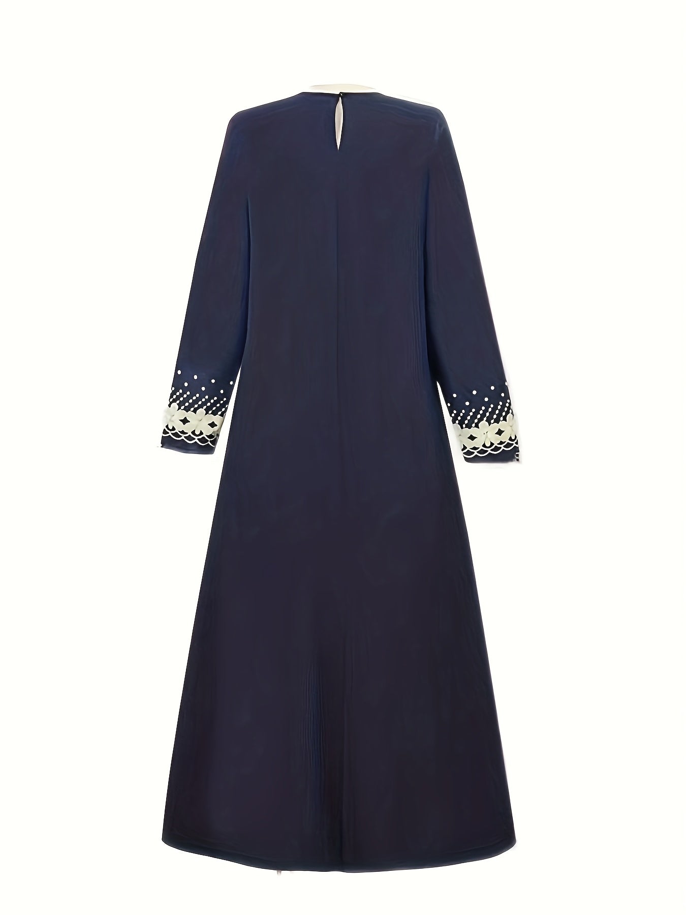 Elegant Women'S Digital Print Kaftan Dress - Navy Blue with Golden Accents, Long Sleeve, Loose Fit, Round Neck, All-Season Wear, Cultural Attire|Elegant Long Dress|Digital Print Dress