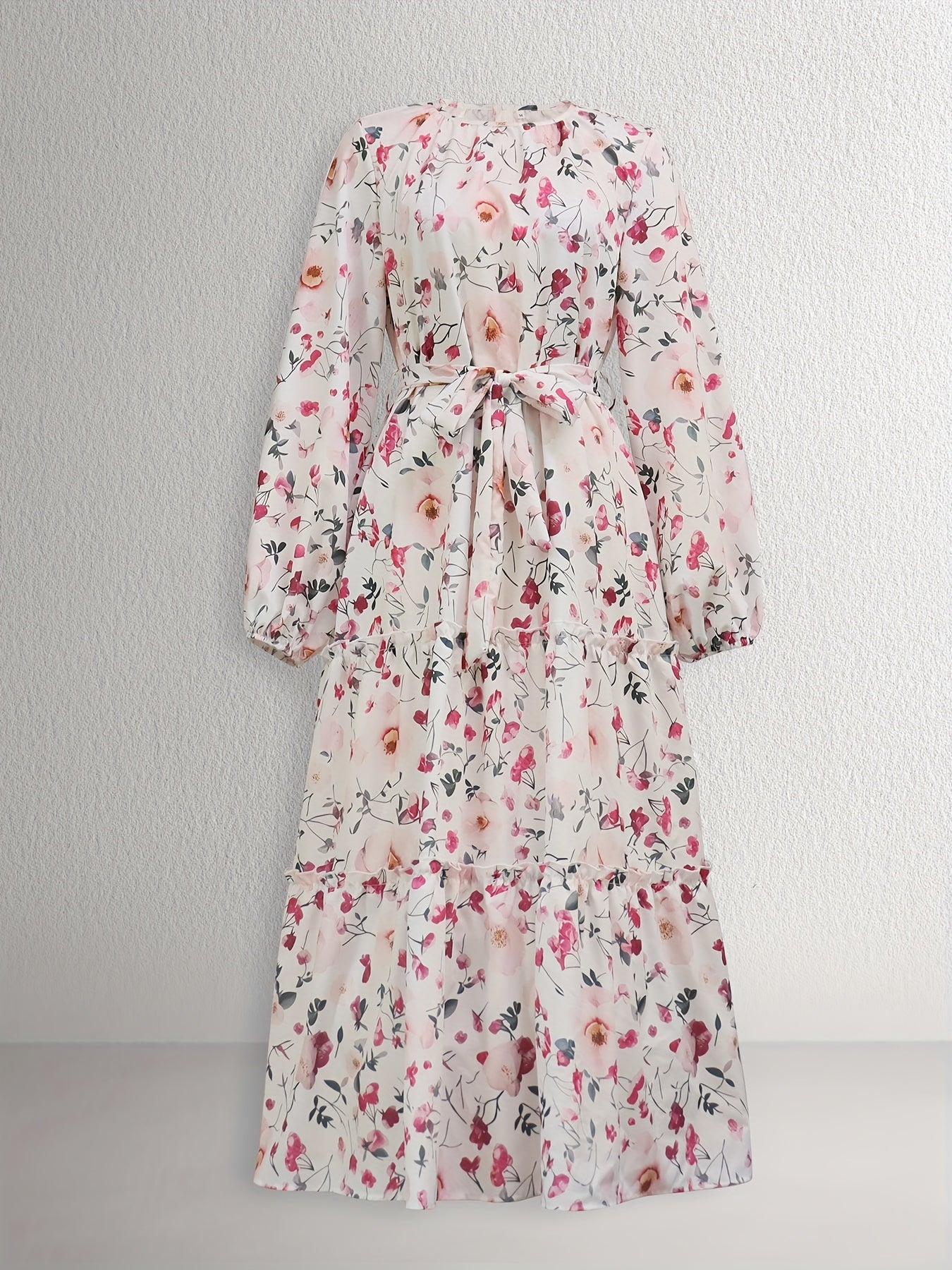1pc Elegant Floral Print Long Dress for Women, Polyester Peplum with Belt Detail, Crew Neck, Spring/Summer Collection, Woven Fabric