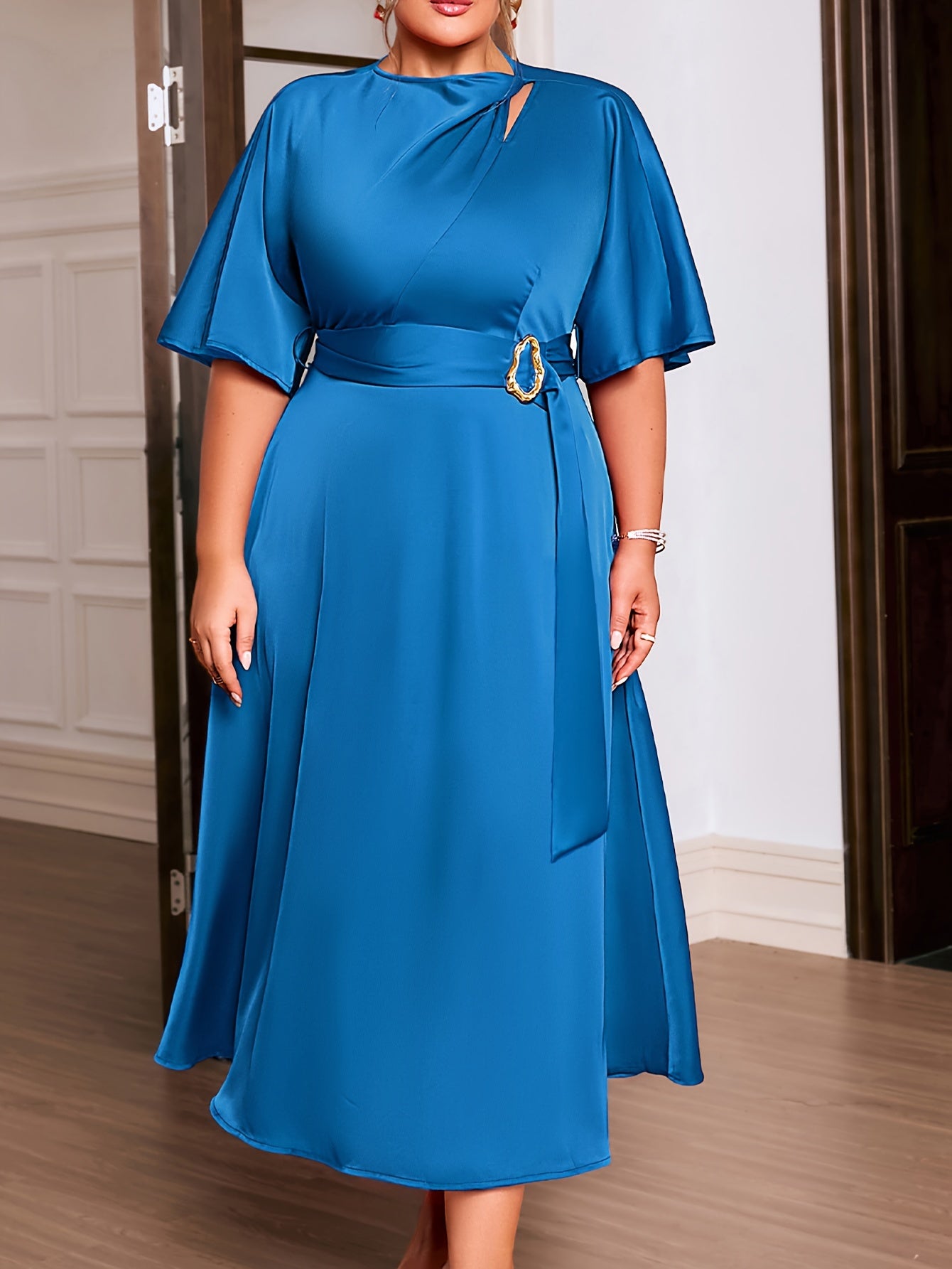 Plus Size Elegant Long Dress, Solid Color Polyester Spandex Blend Crew Neck Short Sleeve Fitted with Belt Detail