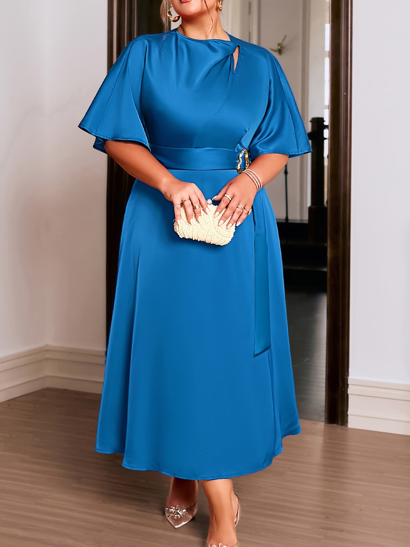 Plus Size Elegant Long Dress, Solid Color Polyester Spandex Blend Crew Neck Short Sleeve Fitted with Belt Detail