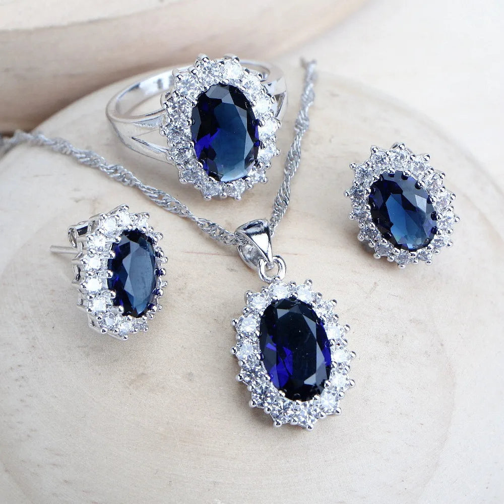 Ensemble de bijoux de mariée en argent 925 pour femmes, Costume en zircone bleue, bijoux fins, collier, boucles d'oreilles, bagues, Bracelets, pendentif