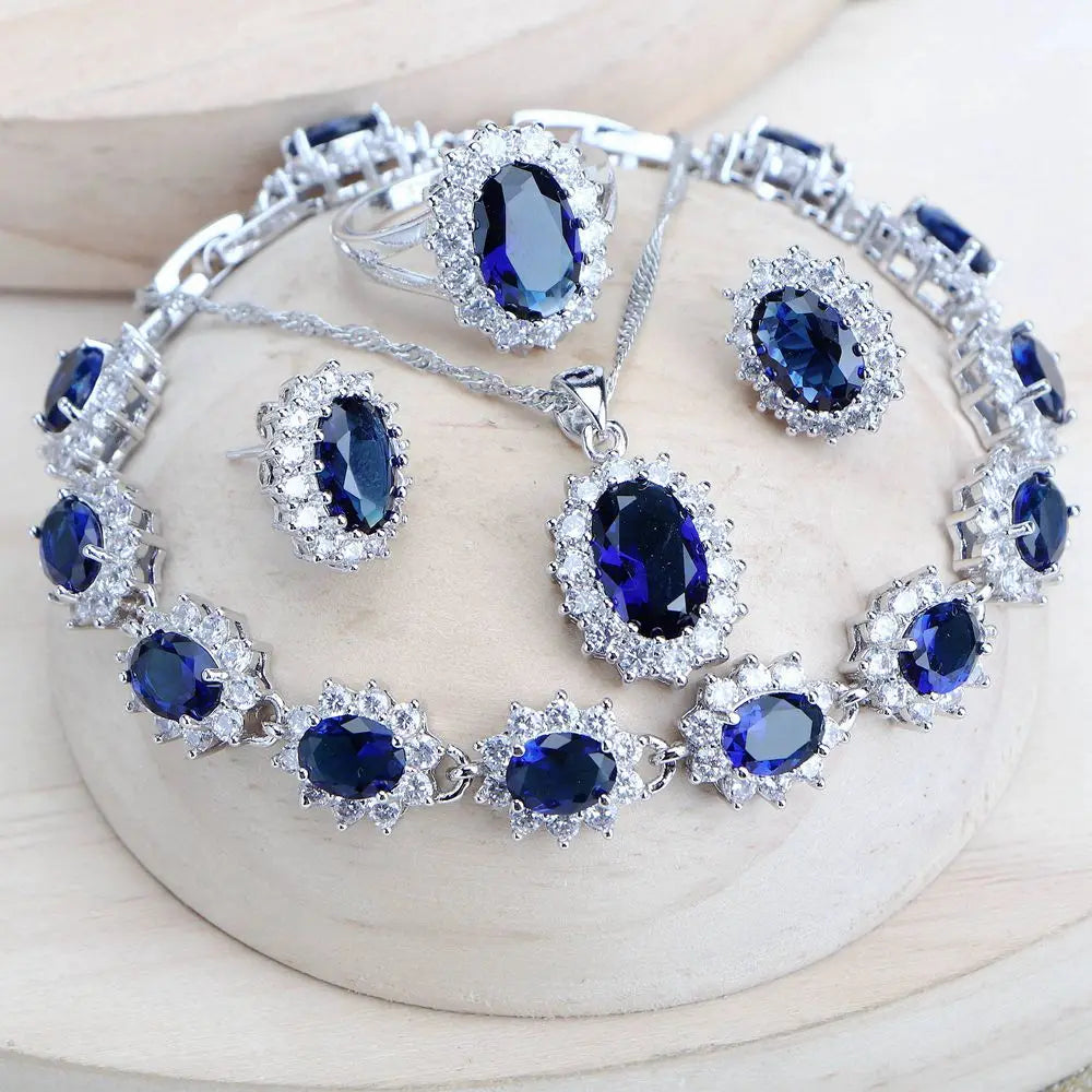 Ensemble de bijoux de mariée en argent 925 pour femmes, Costume en zircone bleue, bijoux fins, collier, boucles d'oreilles, bagues, Bracelets, pendentif