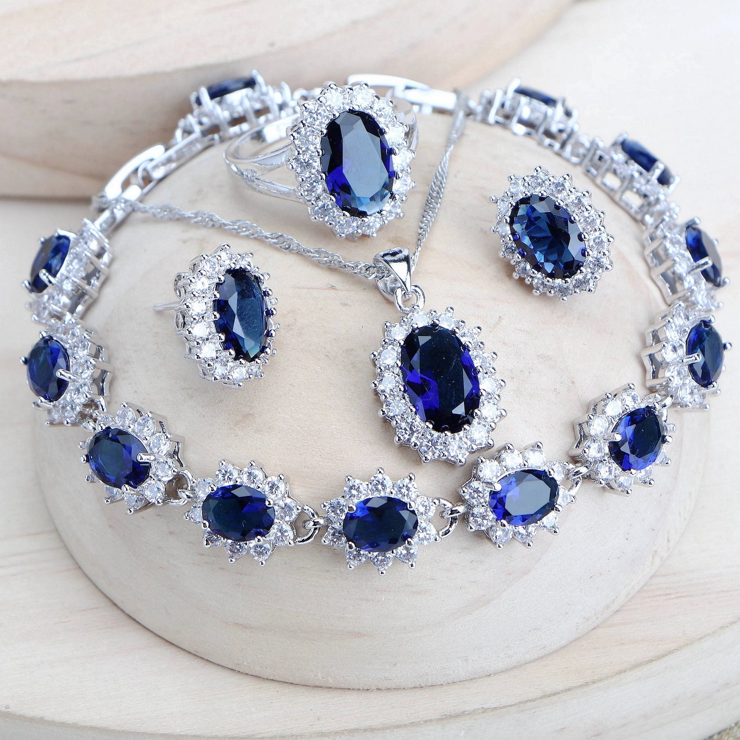 Ensemble de bijoux de mariée en argent 925 pour femmes, Costume en zircone bleue, bijoux fins, collier, boucles d'oreilles, bagues, Bracelets, pendentif
