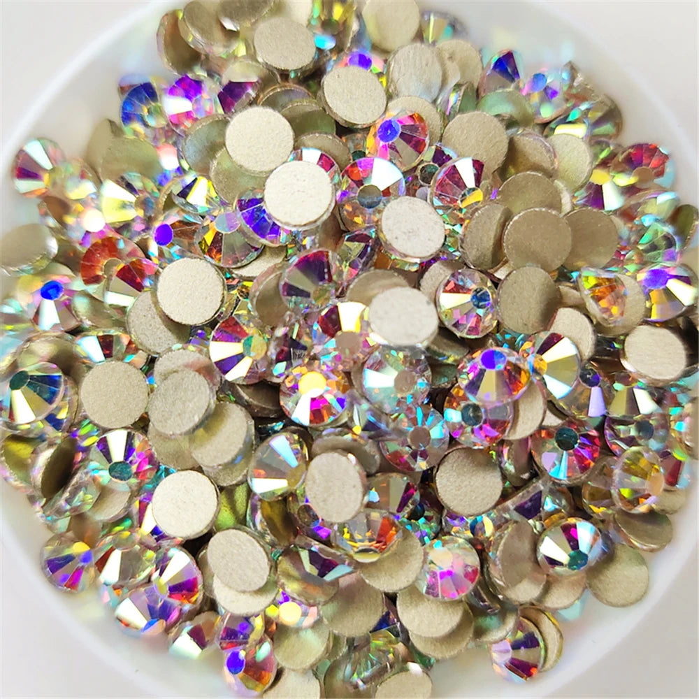 Cristal à paillettes AB/Base dorée transparente, Strass Non correcteurs à chaud SS3-SS40, Strass à dos plat et tissu pour vêtements, décorations pour Nail Art