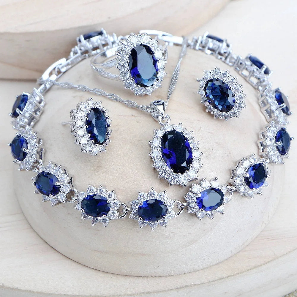 Ensemble de bijoux de mariée en argent 925 pour femmes, Costume en zircone bleue, bijoux fins, collier, boucles d'oreilles, bagues, Bracelets, pendentif