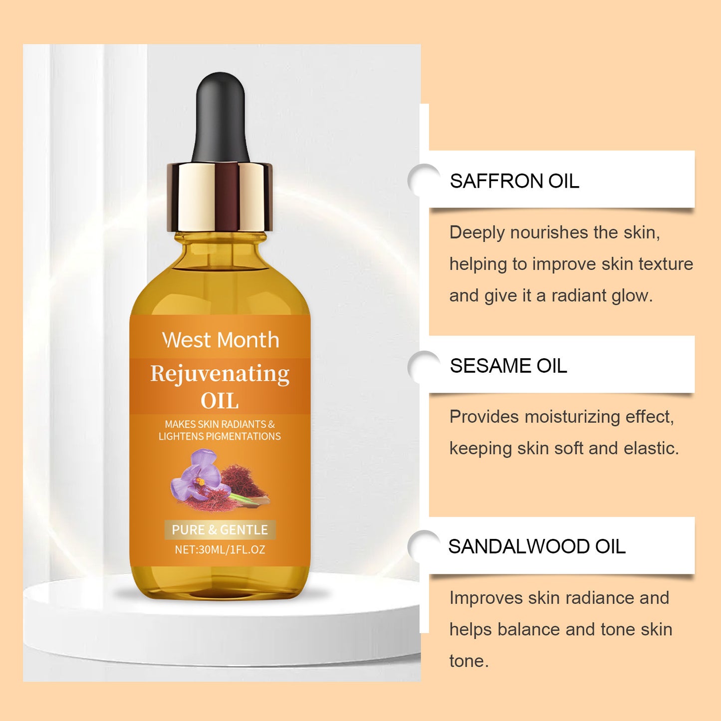 Sérum de safran Anti-rides, raffermissant, hydratant, lisse, adoucit, augmente l'élasticité de la peau, prévient la sécheresse, huile essentielle pour le visage