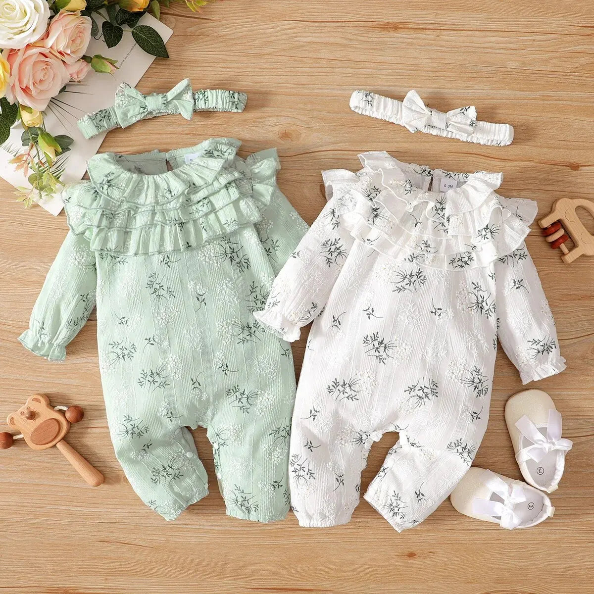 Body pour nouveau-né fille de 0 à 18 mois, imprimé Floral, barboteuse à manches longues avec bandeau, vêtements de printemps et d'automne
