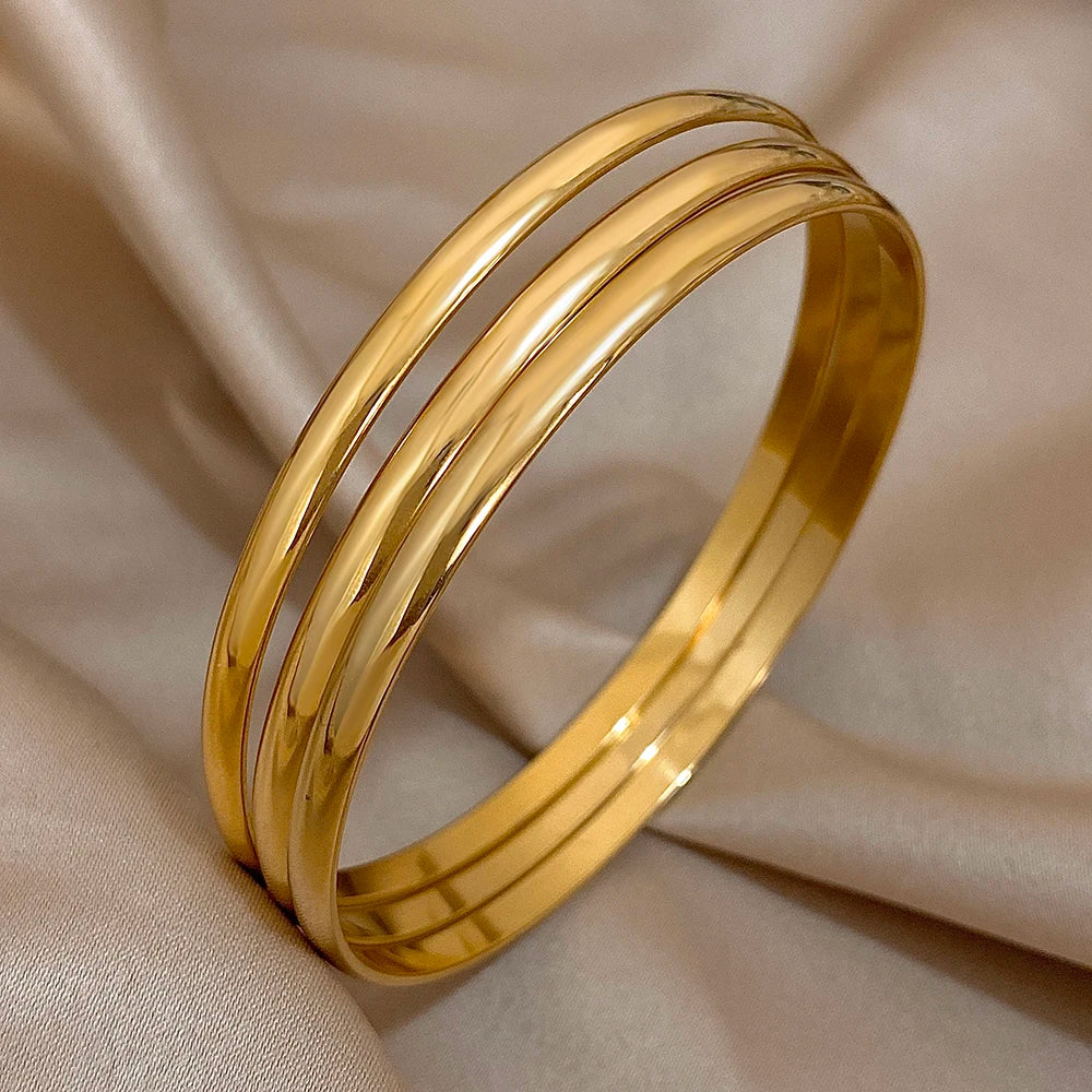 Bracelet en acier inoxydable plaqué or brillant 18 carats pour femmes, 3 pièces, bracelets de base minimalistes, bijoux étanches