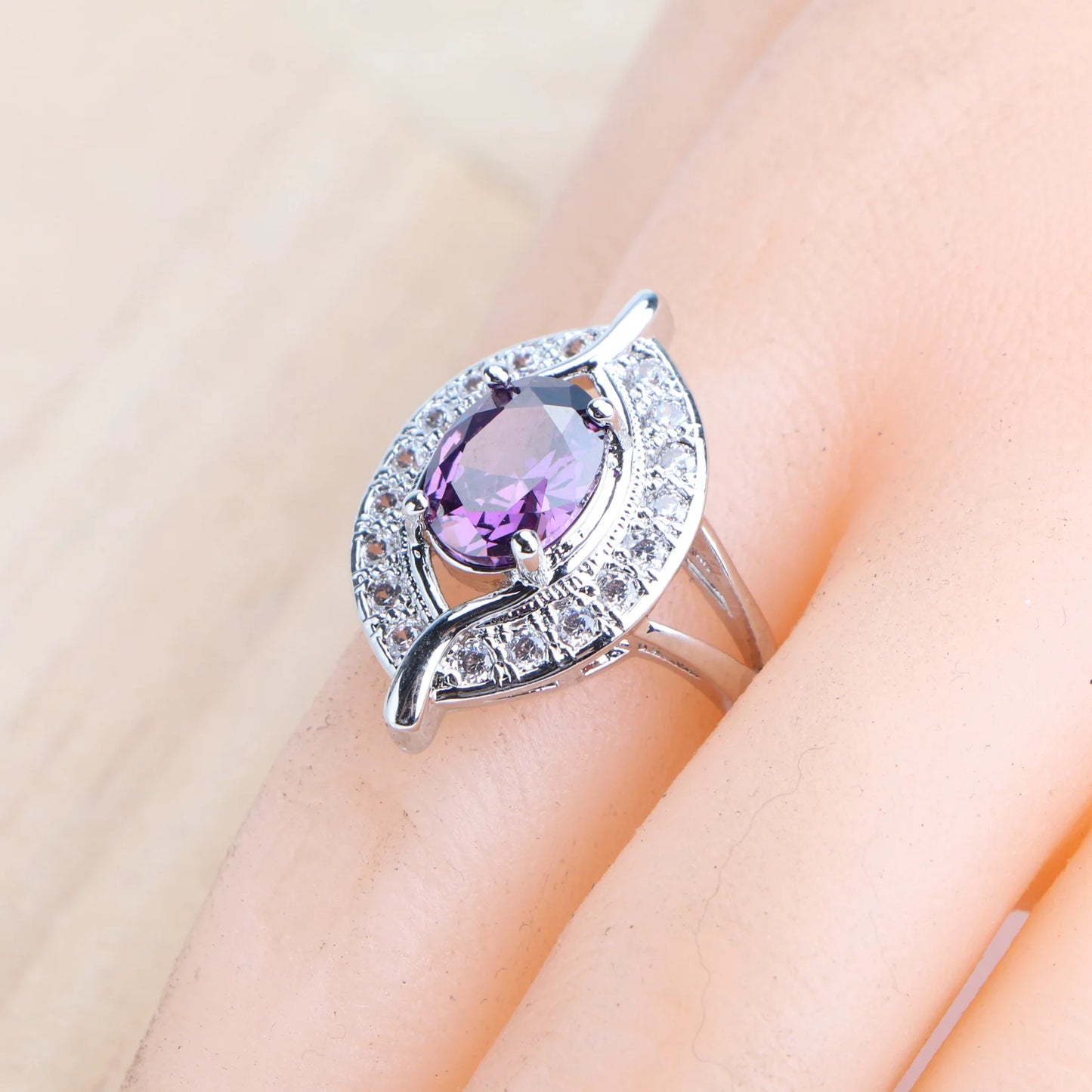 Ensemble de bijoux en argent Zircon violet 925, boucles d'oreilles de mariée, bracelets à breloques pour femmes, bague, pendentif, collier, bijoux de mariage