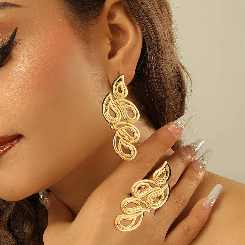 Boucles d'oreilles couleur or 18 carats avec bague, ensemble de bijoux pour mariée, boucles d'oreilles à clip africaines et bague, ensemble de 2 pièces pour bijoux de fiançailles